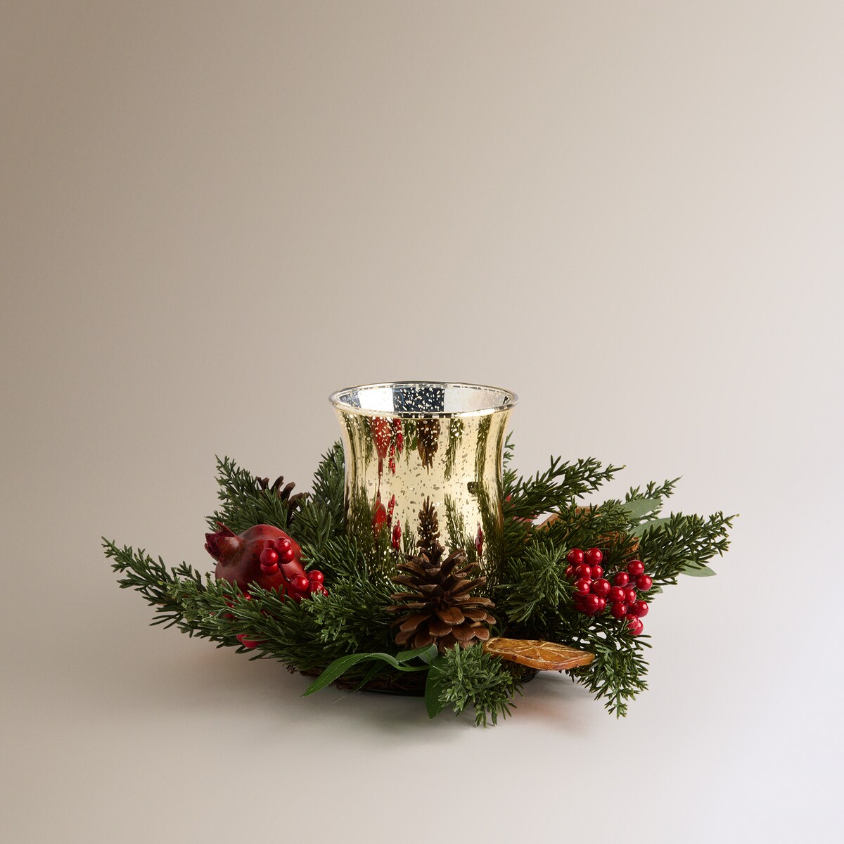Centro de mesa con portavelas mercurizado Frutas Navidad · El