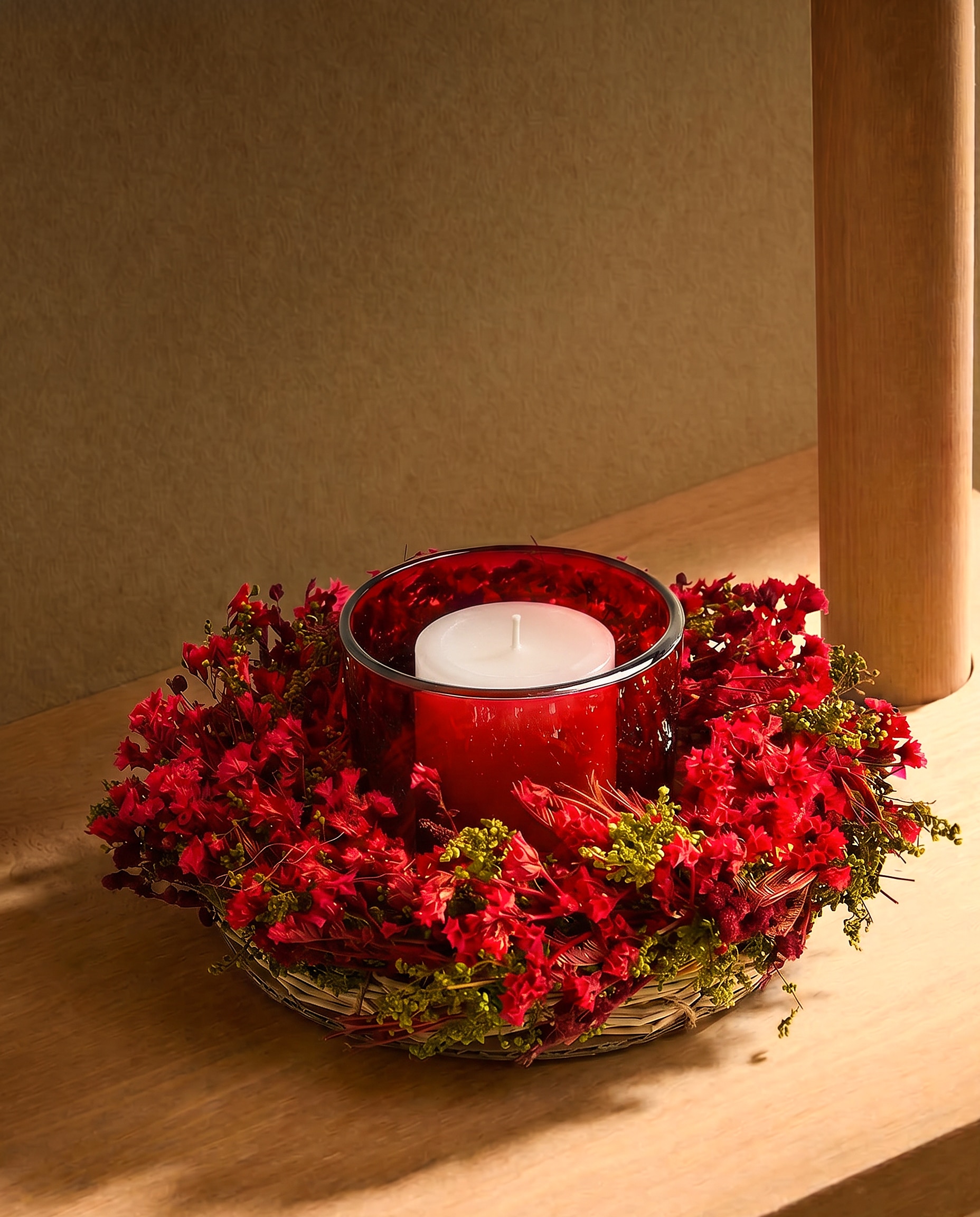 Imagen 0 de Centro de mesa con portavelas Flor Paniculata preservada Navidad Verde