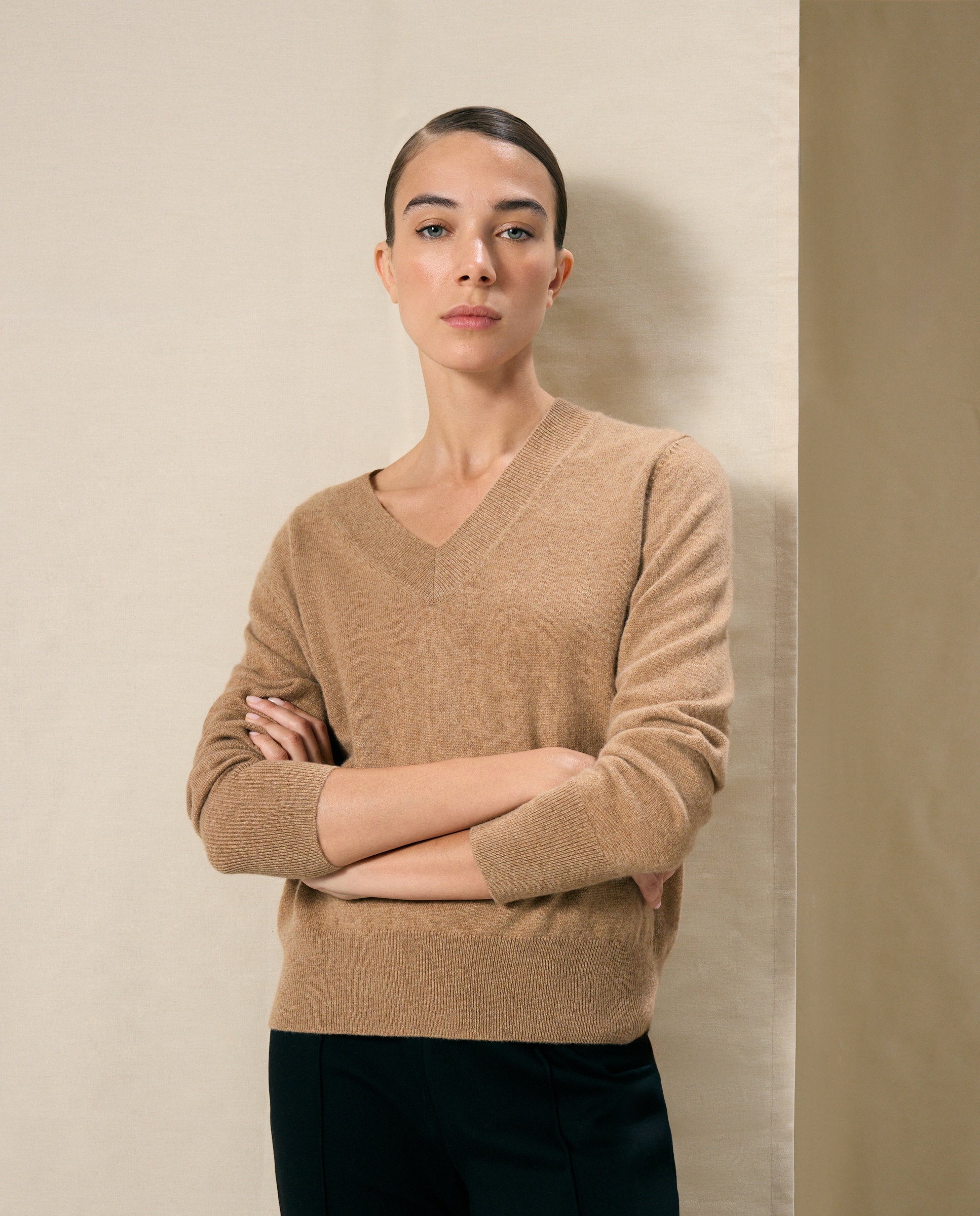 Camisola de Malha Lisa com Manga 3/4 730 Camel-4
