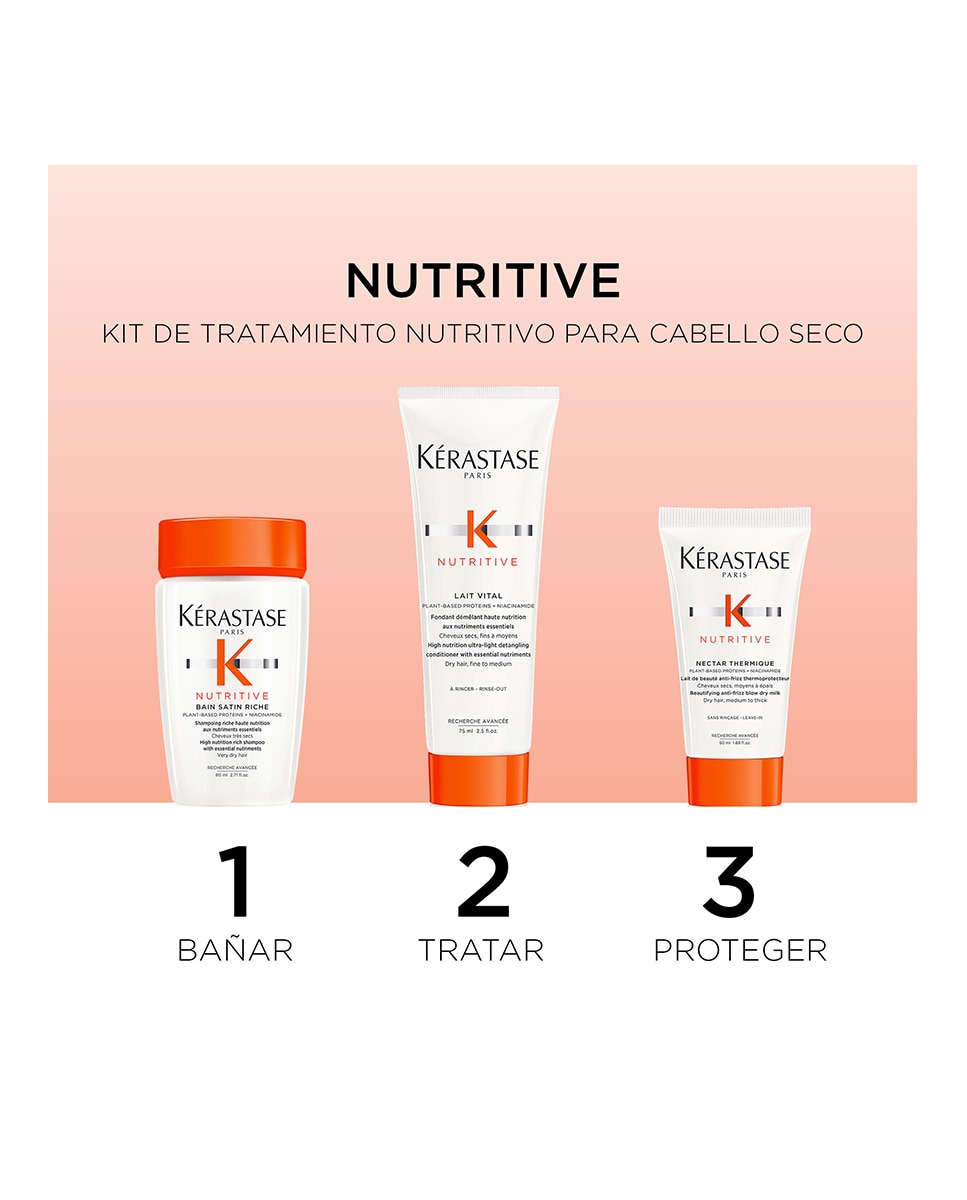 Cofre Nutritive con Champú Bain Satin Riche, Acondicionador Lait Vital y Nectar Thermique Kérastase 5