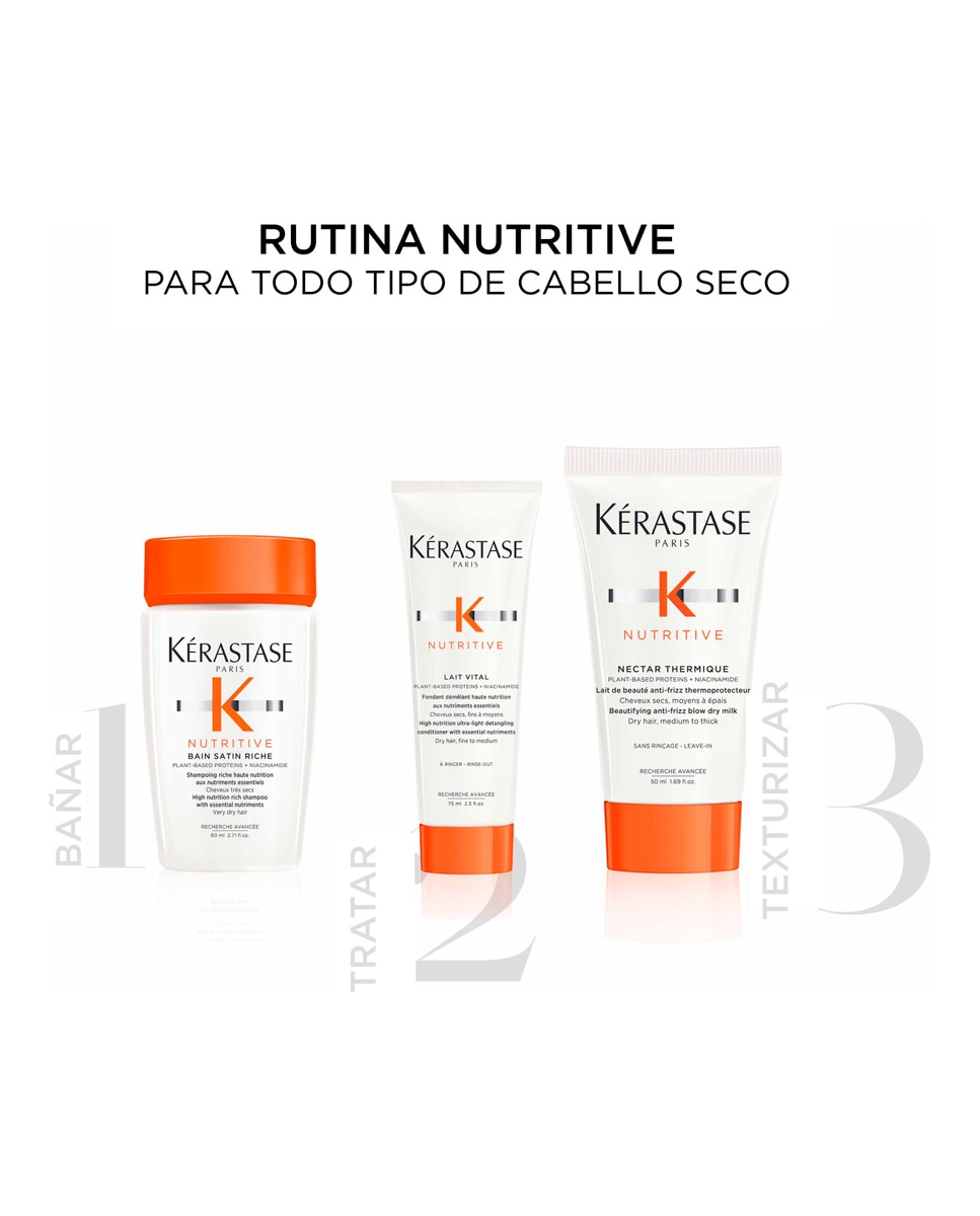 Cofre Nutritive con Champú Bain Satin Riche, Acondicionador Lait Vital y Nectar Thermique Kérastase 7
