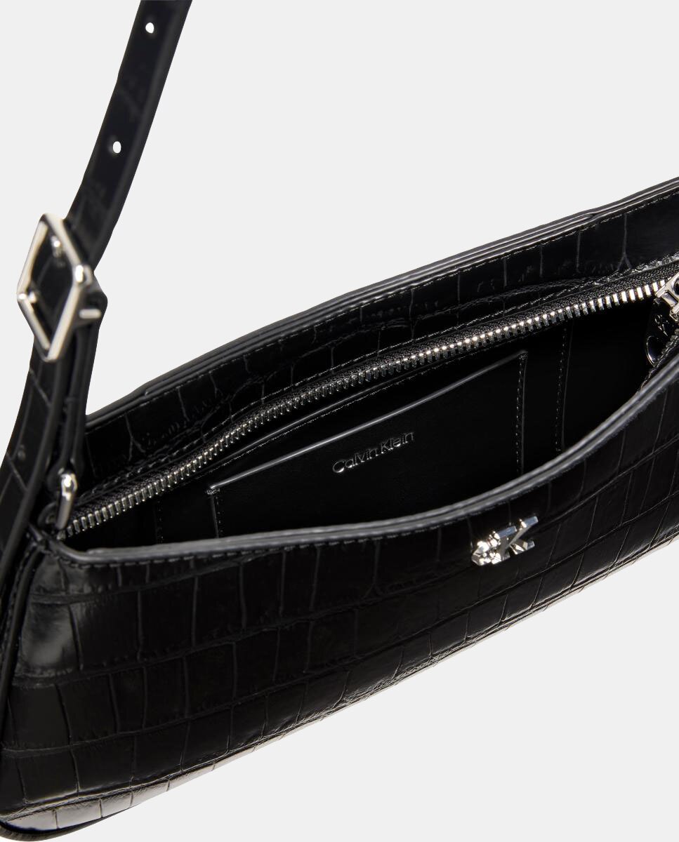 Mala de Ombro com Animal Print de Crocodilo Preto-3