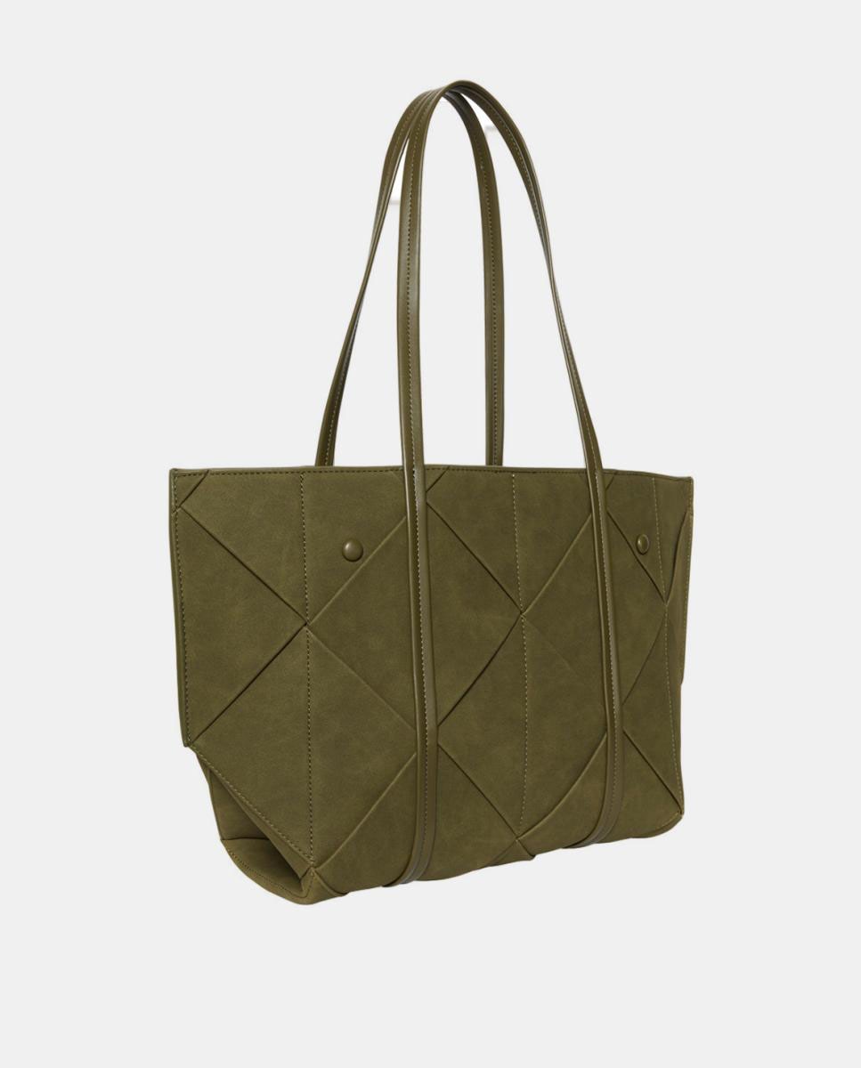 Mala Shopper de Acabamento Entrançado em Camurça Verde Azeitona-2