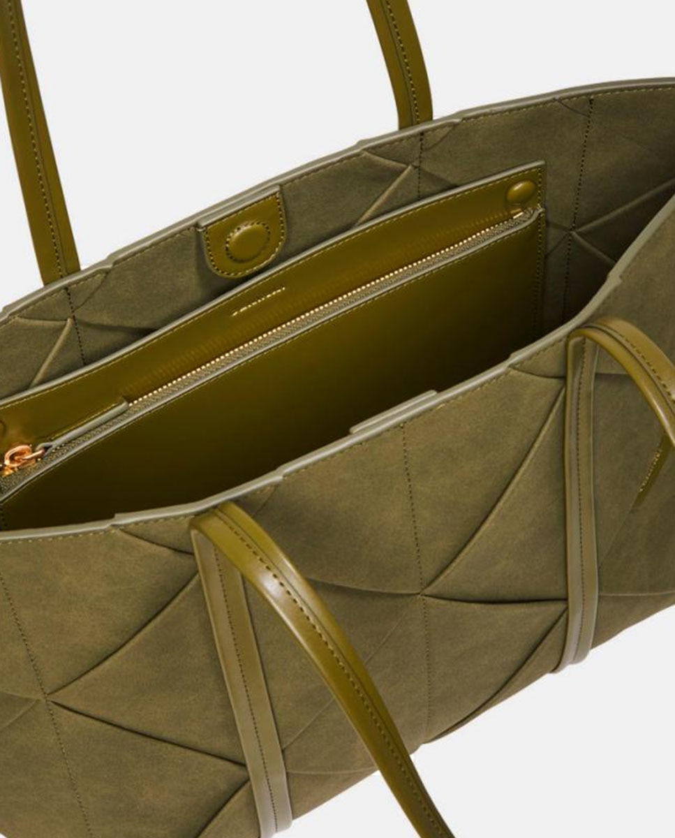 Mala Shopper de Acabamento Entrançado em Camurça Verde Azeitona-3