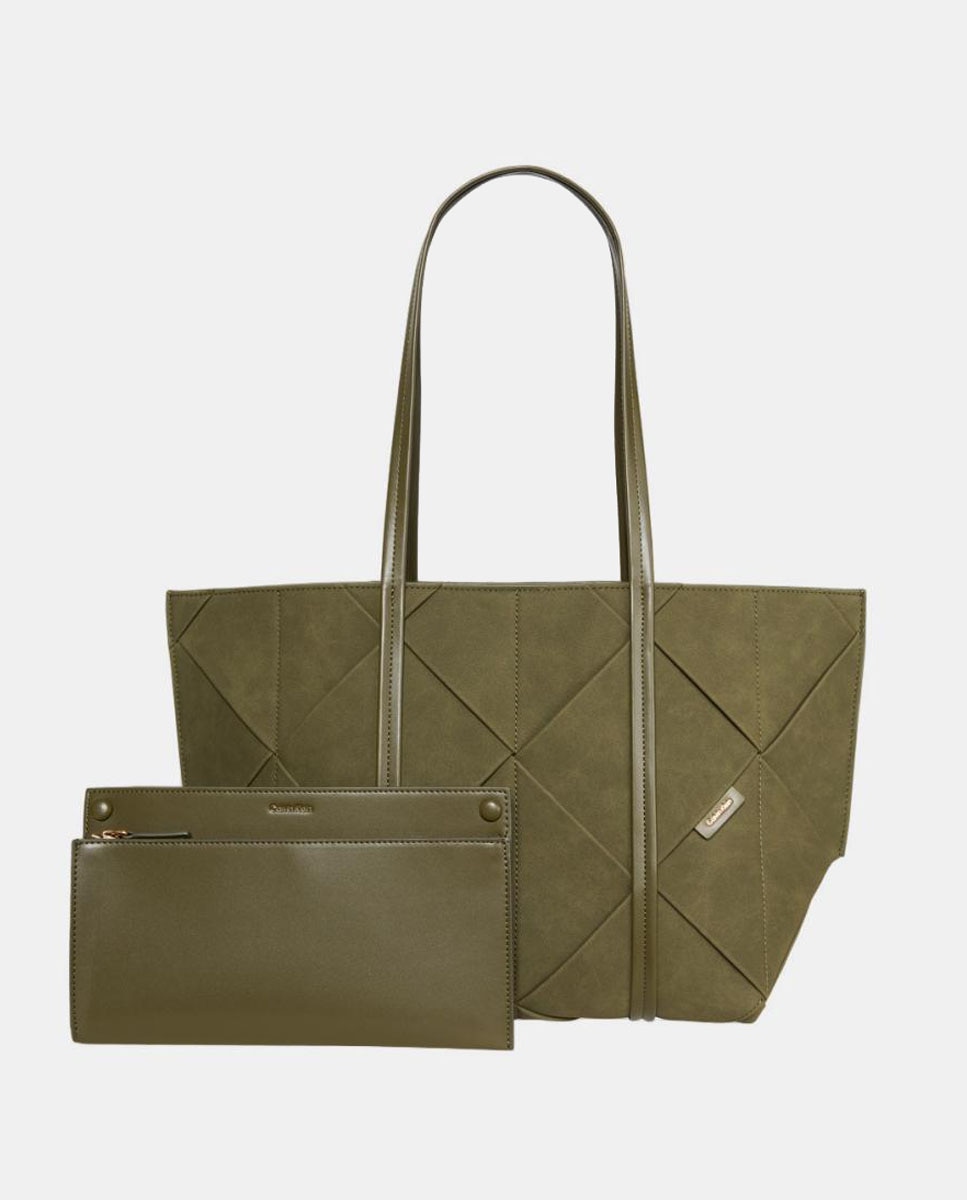 Mala Shopper de Acabamento Entrançado em Camurça Verde Azeitona-4