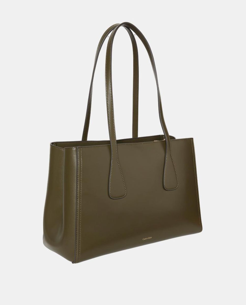 Mala Tipo Tote com Alça Dupla e Logótipo Dourado Verde Azeitona-2