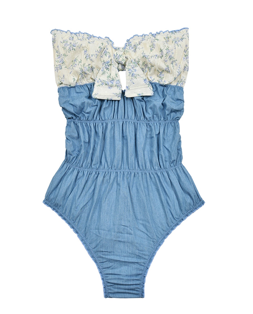 Biquíni Triangular de Ganga com Folhos em Tecido Estampado Azul-3