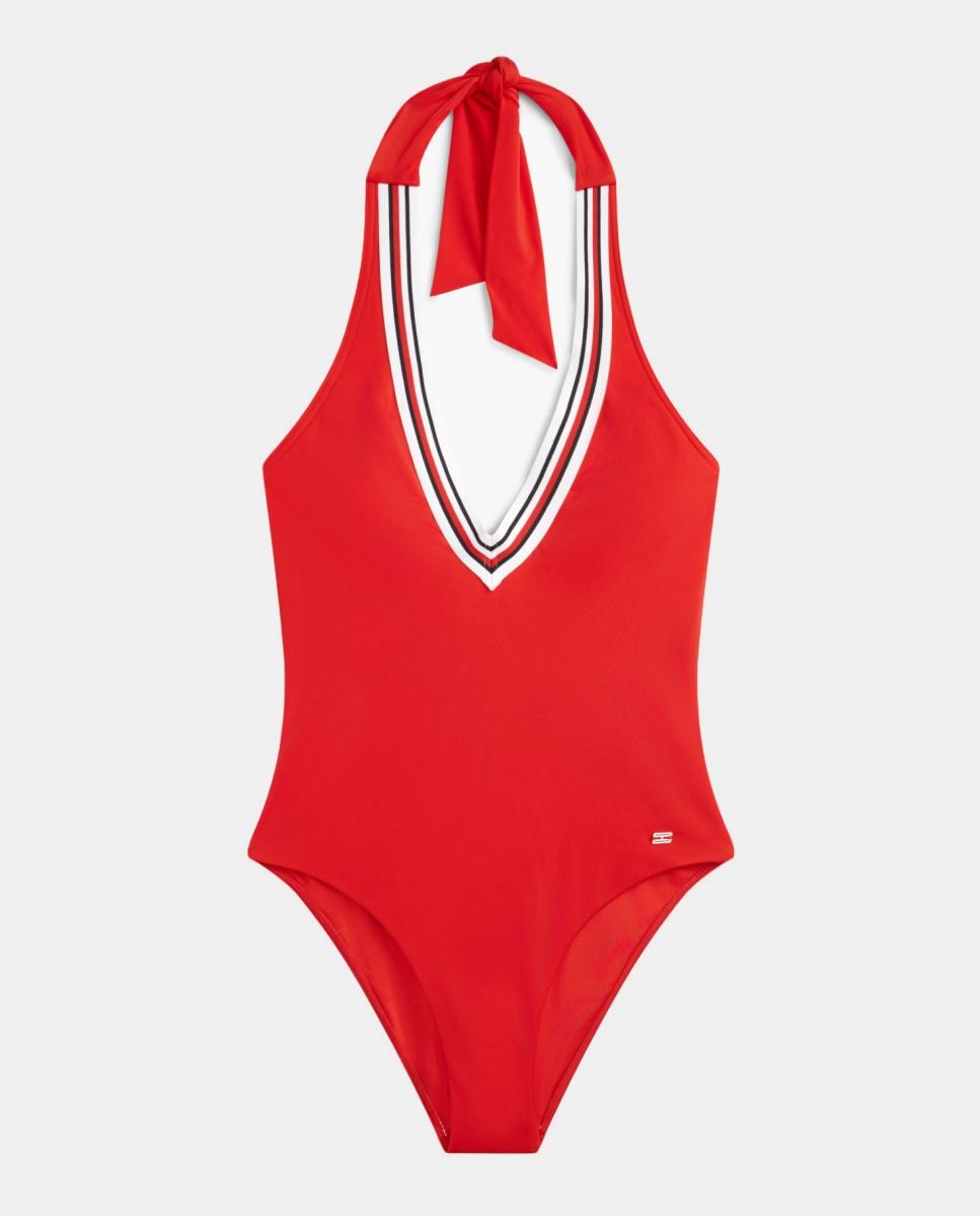 Fato de Banho com Decote em V e Debruado em Contraste nas Cores da Marca Vermelho-5