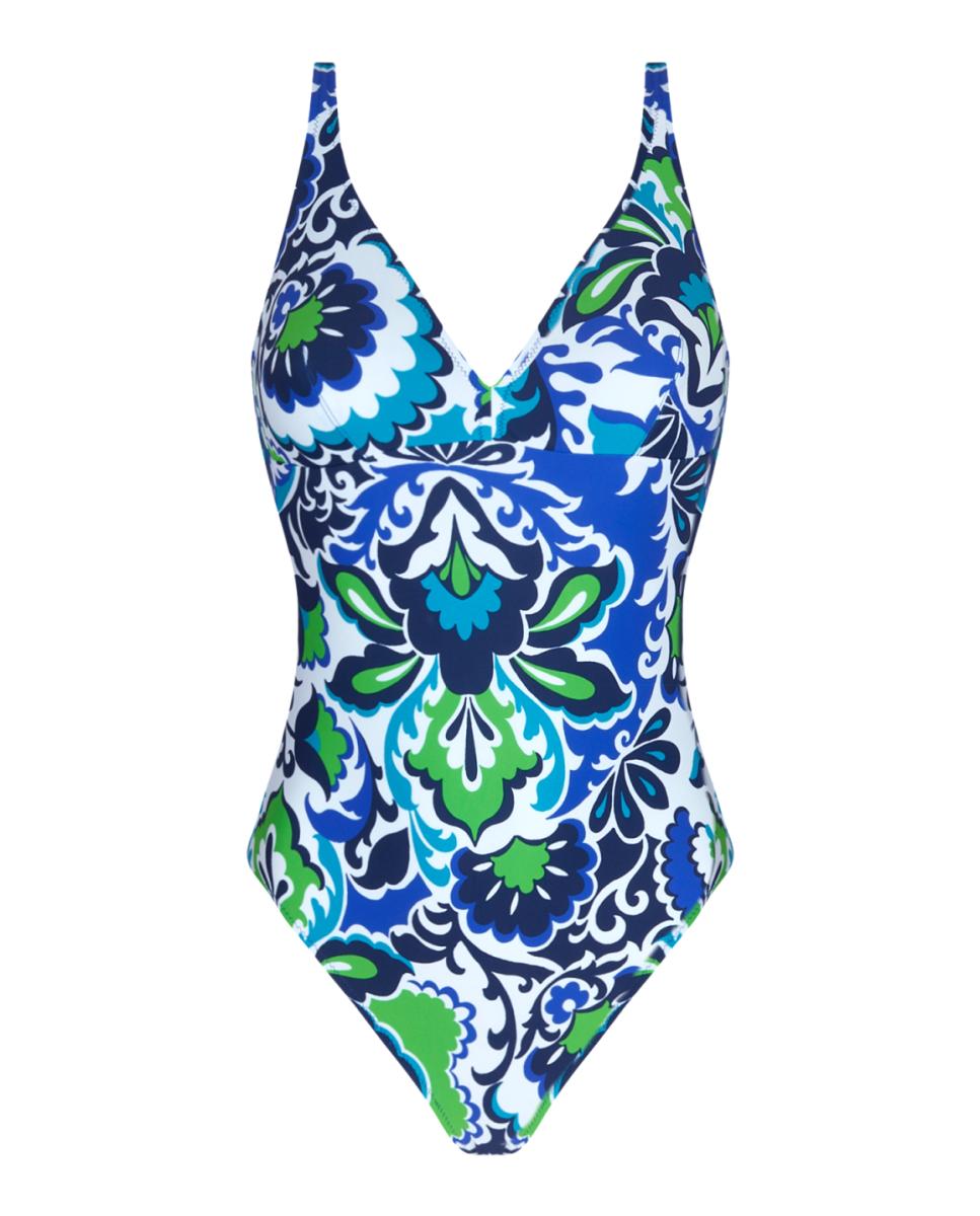 Fato de Banho de Copa Grande com Decote em Bico sem Aros mas com Elásticos no Interior para Melhor Suporte e Conforto. Alças Ajustáveis Azul-1