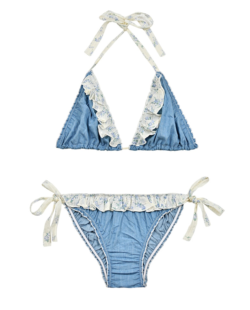 Biquíni Triangular de Ganga com Folhos em Tecido Estampado Azul-3