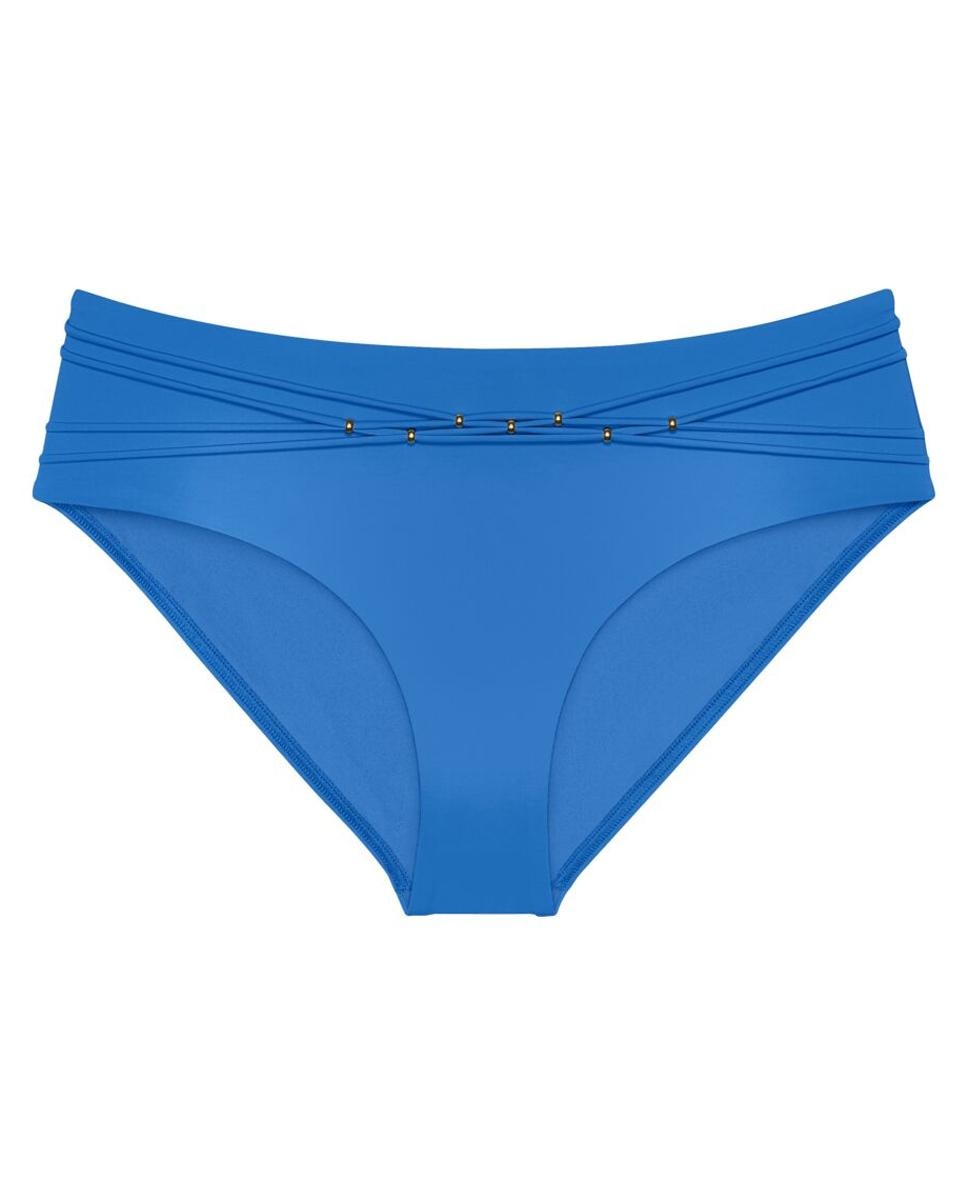 Cueca de Biquíni de Cobertura Alta com Peças Elegantes e Cinto Fino Azul-4