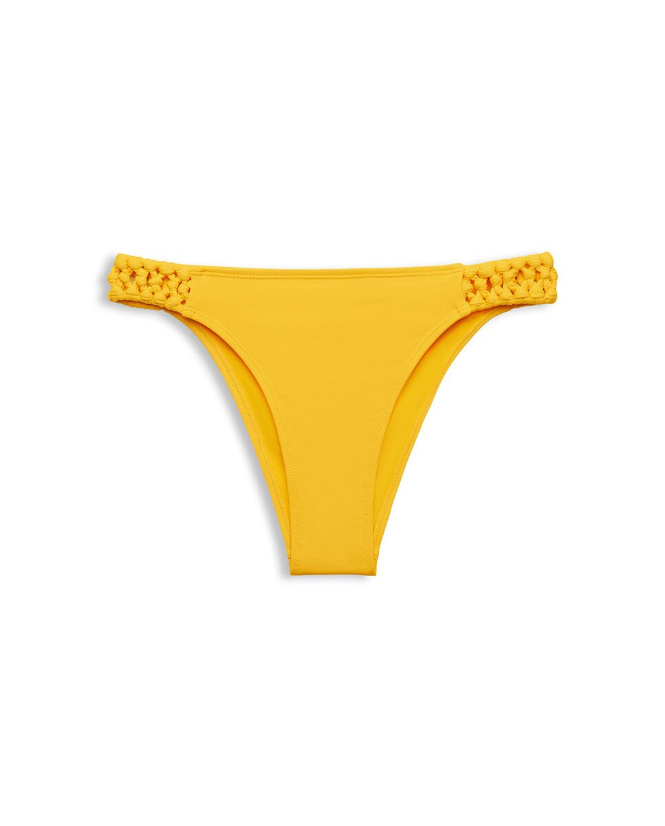 Cueca Asa Delta de Biquíni Tipo Tanga Lisa com Detalhes Laterais em Crochet Entrançado Amarelo-5