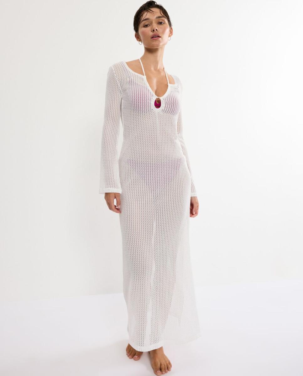 Vestido Comprido de Crochet com Manga Comprida. Confecionado em Tecidos Reciclados de Tacto Agradável Branco-1