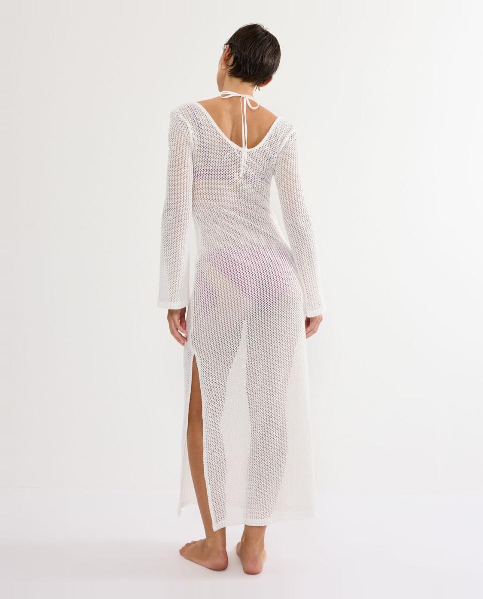 Vestido Comprido de Crochet com Manga Comprida. Confecionado em Tecidos Reciclados de Tacto Agradável Branco-2