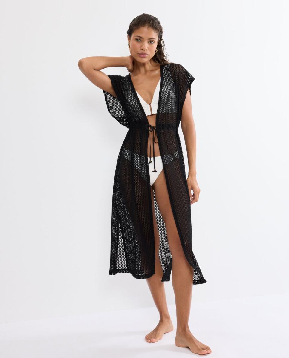Kimono Comprido de Crochet com Cinto Decorado. Confecionado em Tecidos Reciclados de Tacto Agradável Preto-1