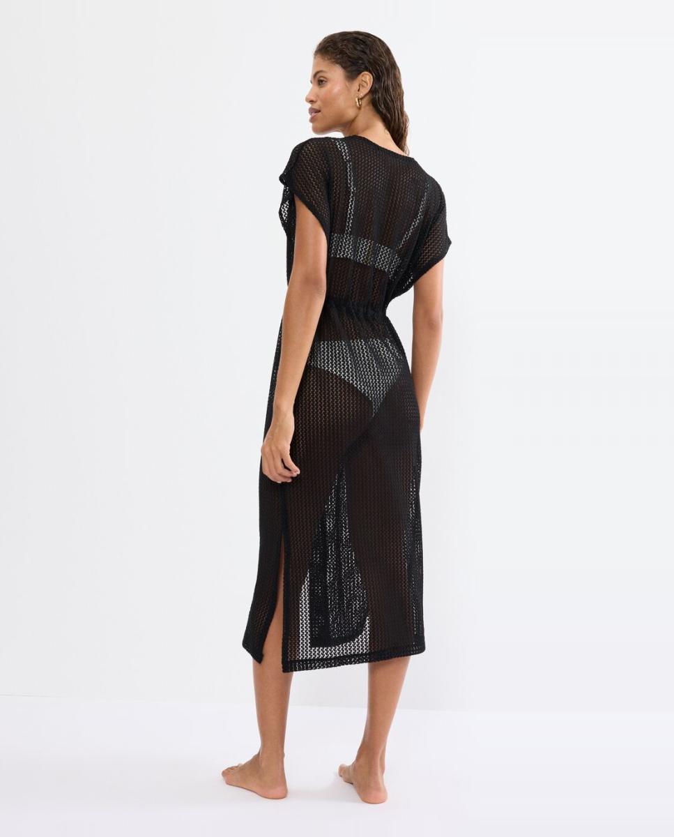 Kimono Comprido de Crochet com Cinto Decorado. Confecionado em Tecidos Reciclados de Tacto Agradável Preto-2