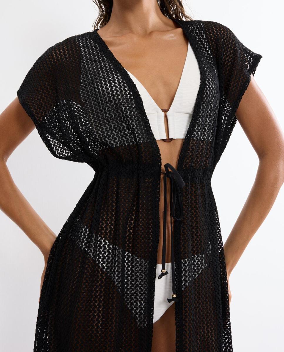 Kimono Comprido de Crochet com Cinto Decorado. Confecionado em Tecidos Reciclados de Tacto Agradável Preto-3