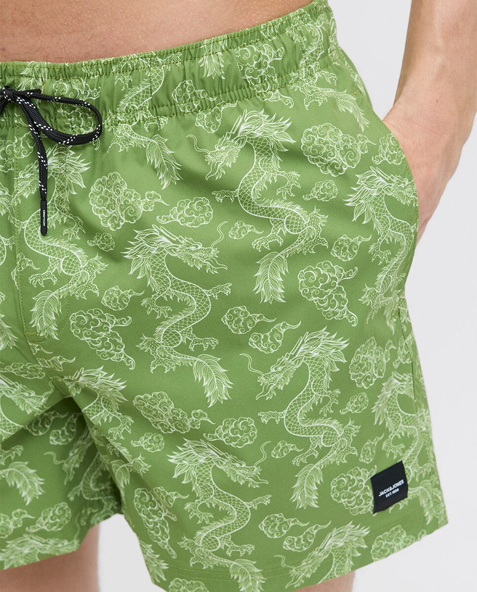 Calções de Banho Estampados com Cintura Elástica Verde-4