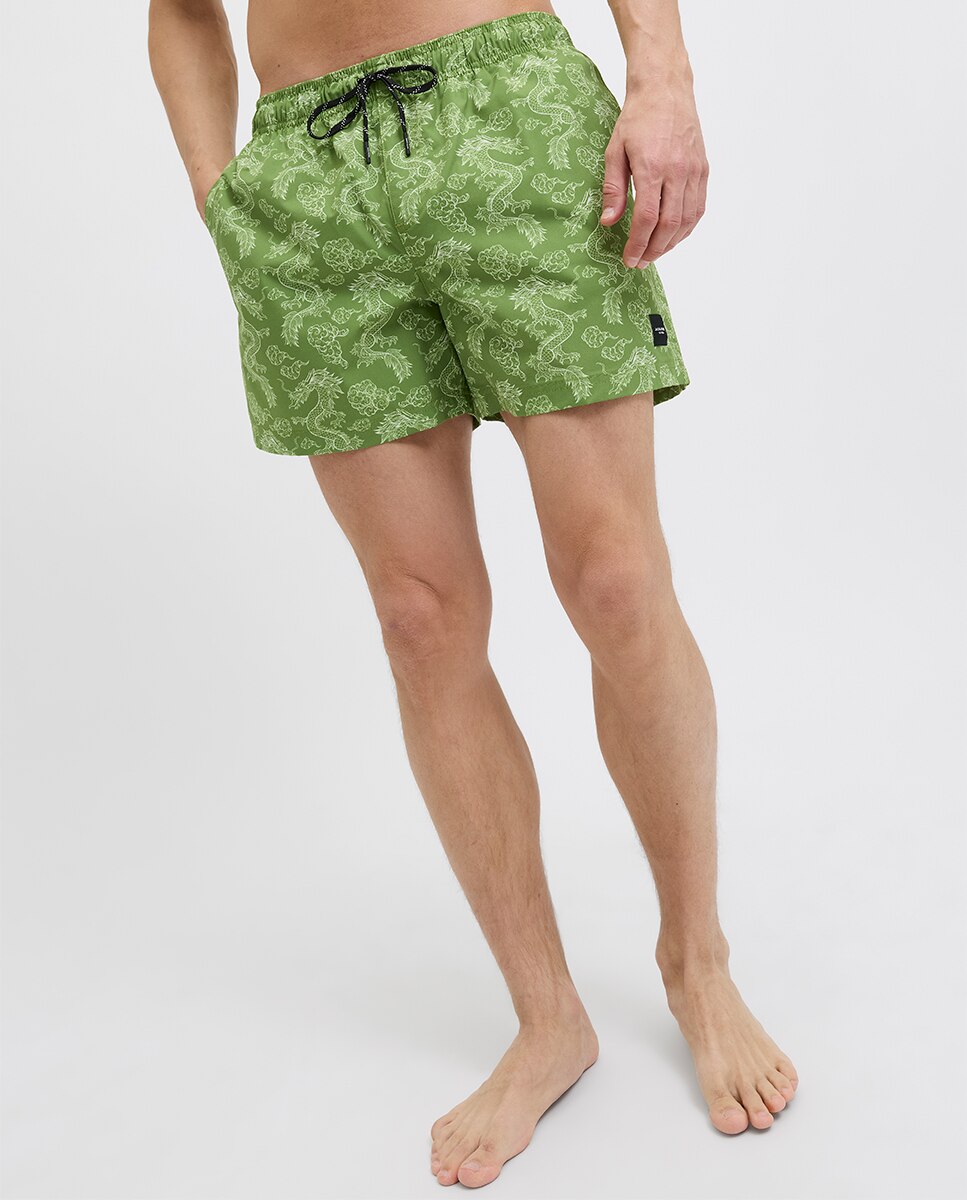 Calções de Banho Estampados com Cintura Elástica Verde-6