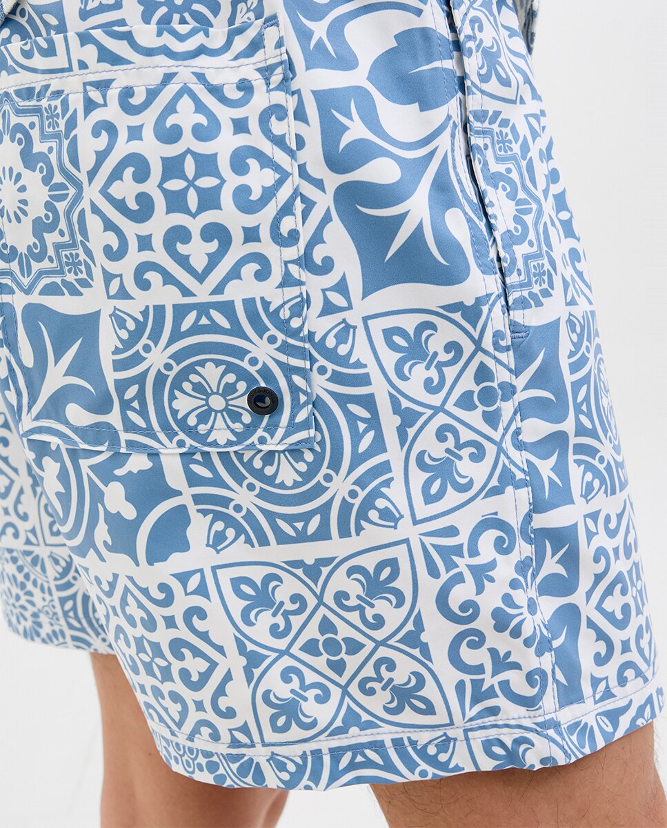 Calções de Banho Estampados com Cintura Elástica Azul-5