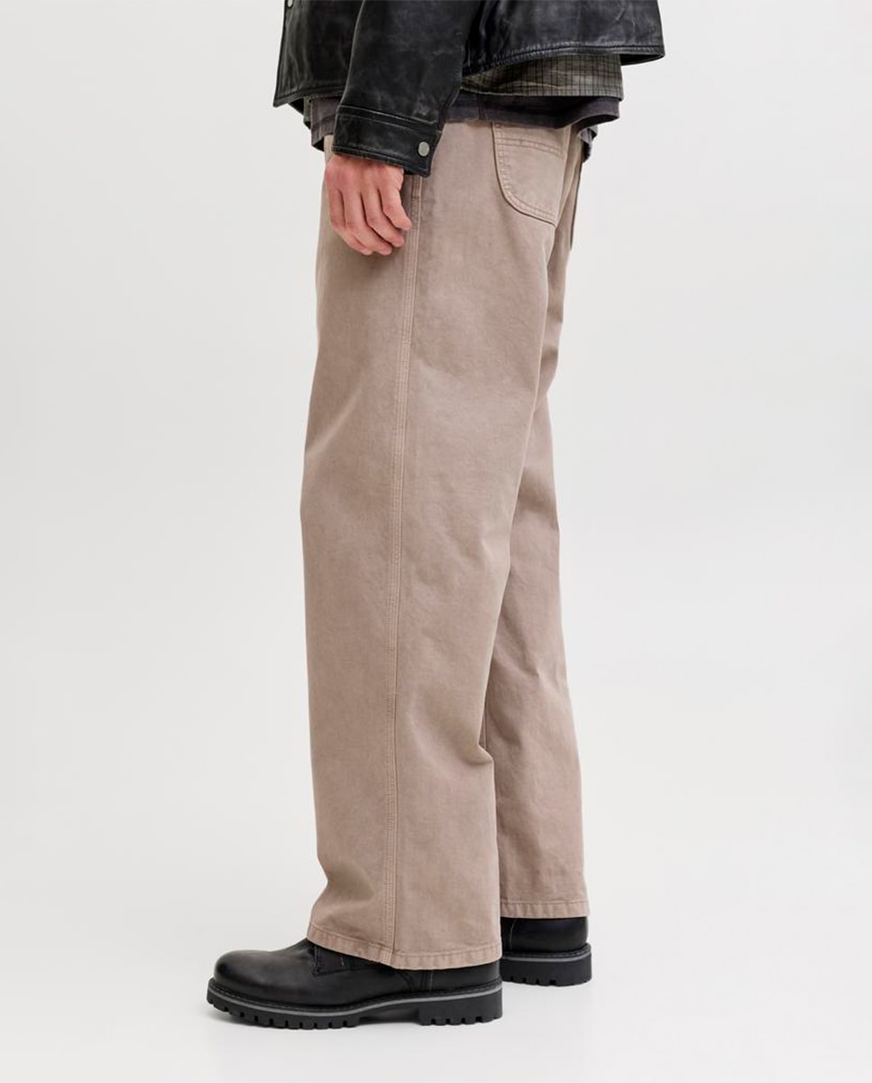 Calças de Cinco Bolsos Baggy Fit Bege-4