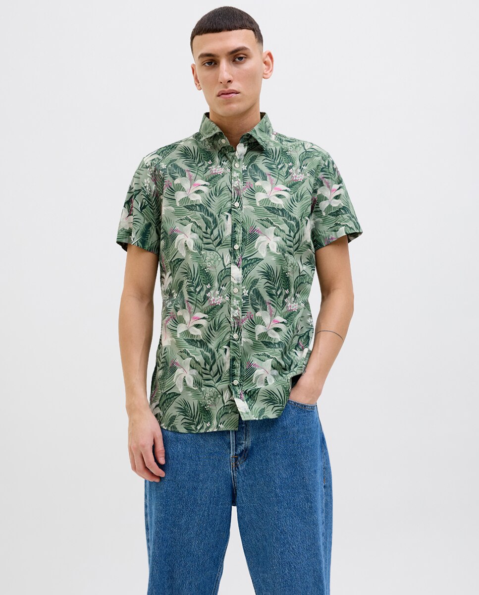 Camisa de Manga Curta com Estampado Floral Verde-1