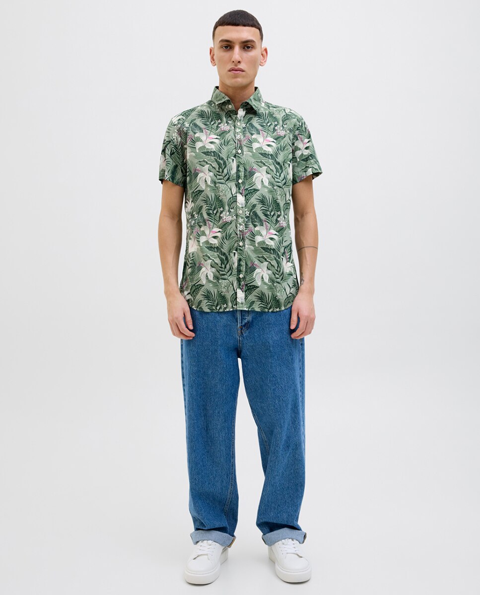 Camisa de Manga Curta com Estampado Floral Verde-4