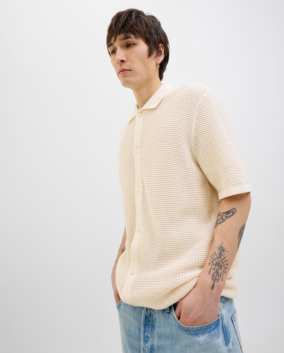 Camisa de Manga Curta com Estrutura de Malha Branco-3