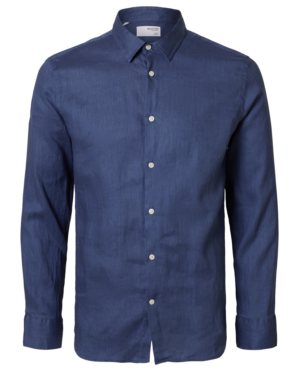 Camisa de Manga Comprida 100% Linho Azul-3
