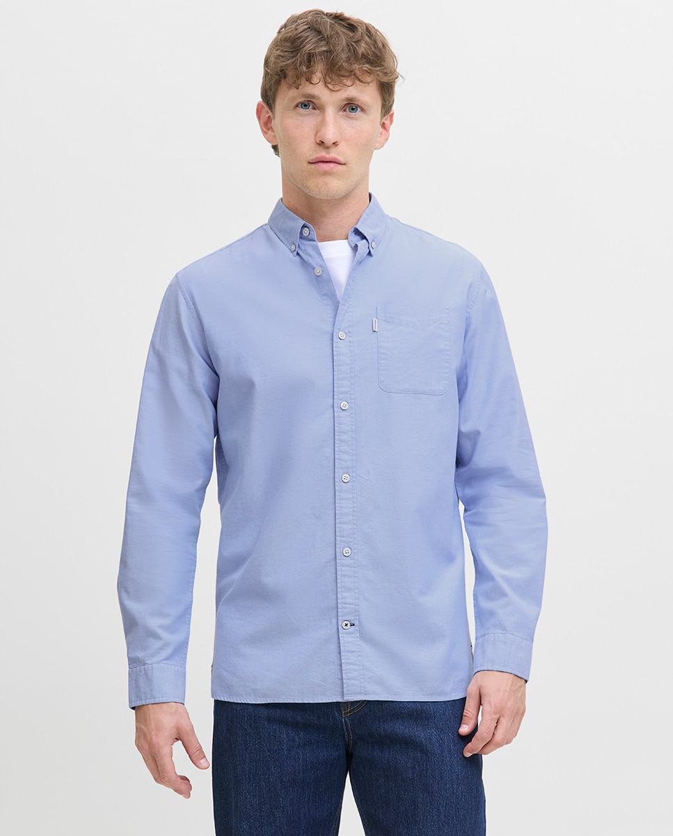 Camisa Oxford de Manga Comprida Lisa Azul-1