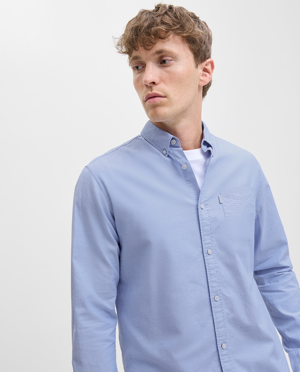 Camisa Oxford de Manga Comprida Lisa Azul-3