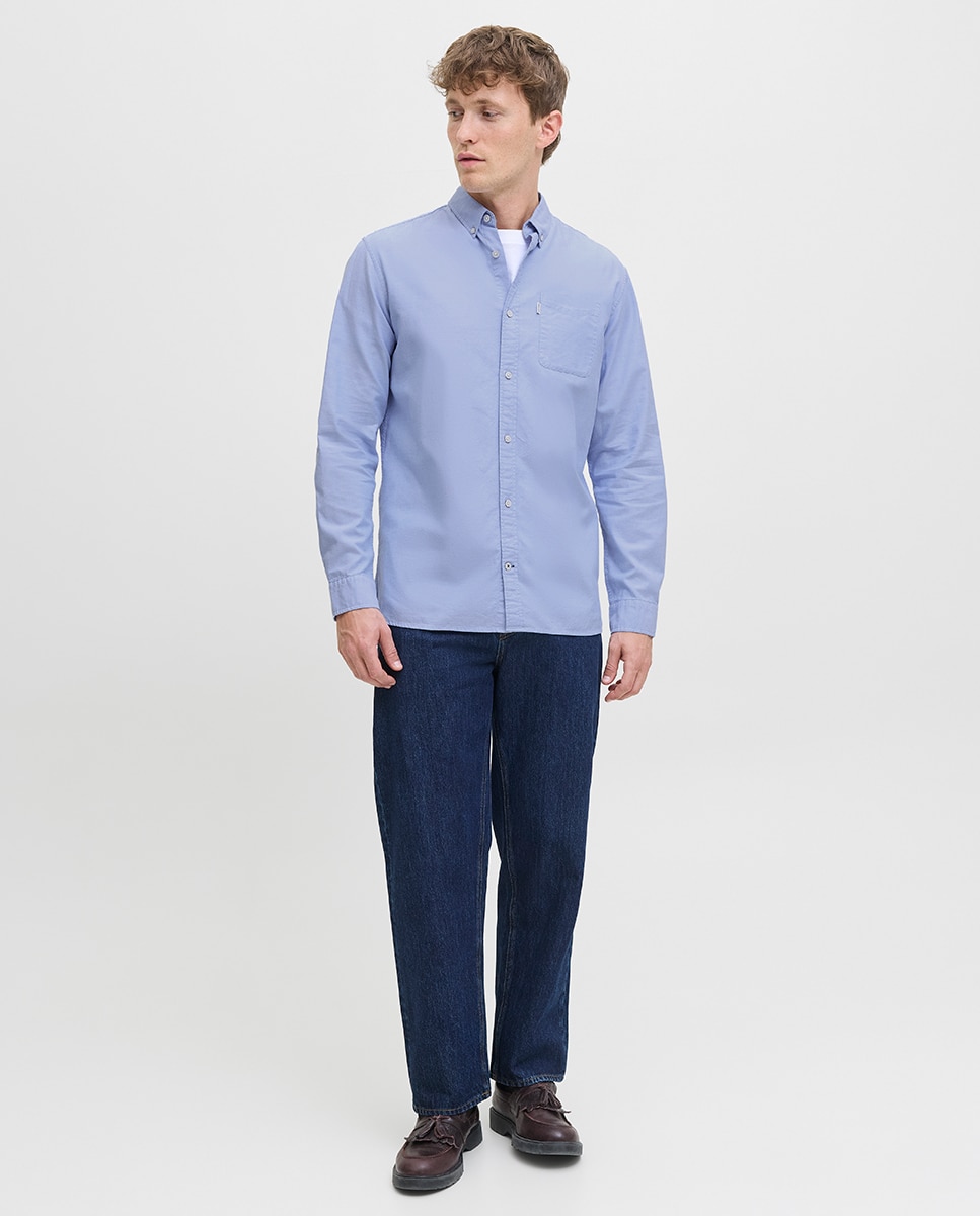 Camisa Oxford de Manga Comprida Lisa Azul-7