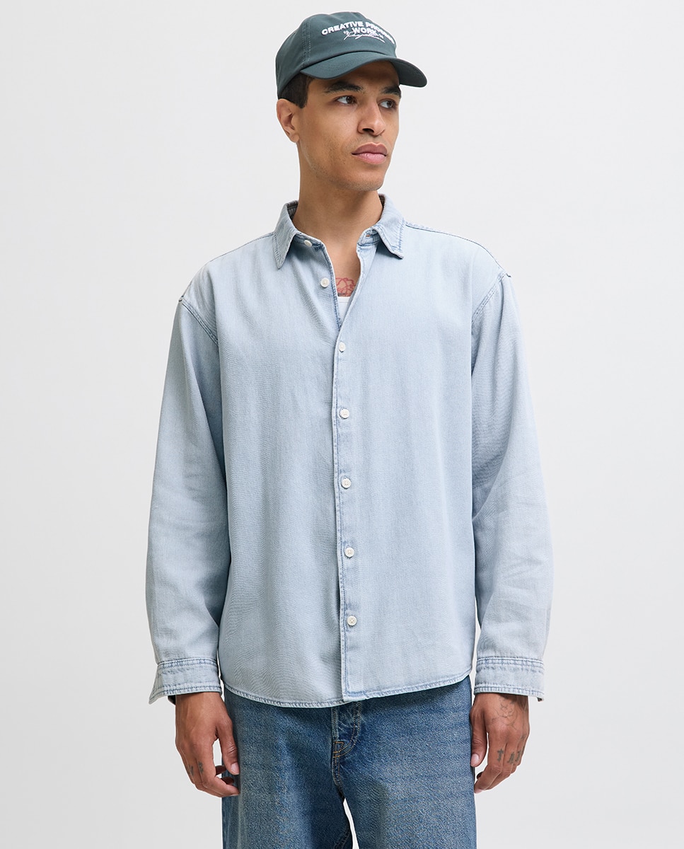 Camisa de Ganga com Manga Comprida Azul-claro-1