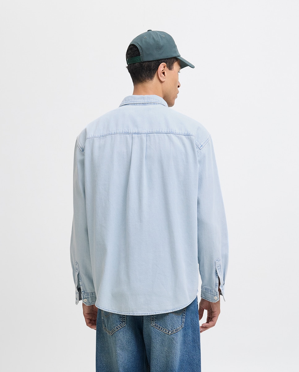 Camisa de Ganga com Manga Comprida Azul-claro-2