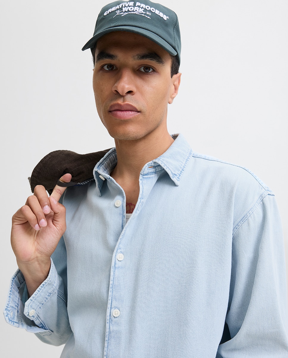 Camisa de Ganga com Manga Comprida Azul-claro-4