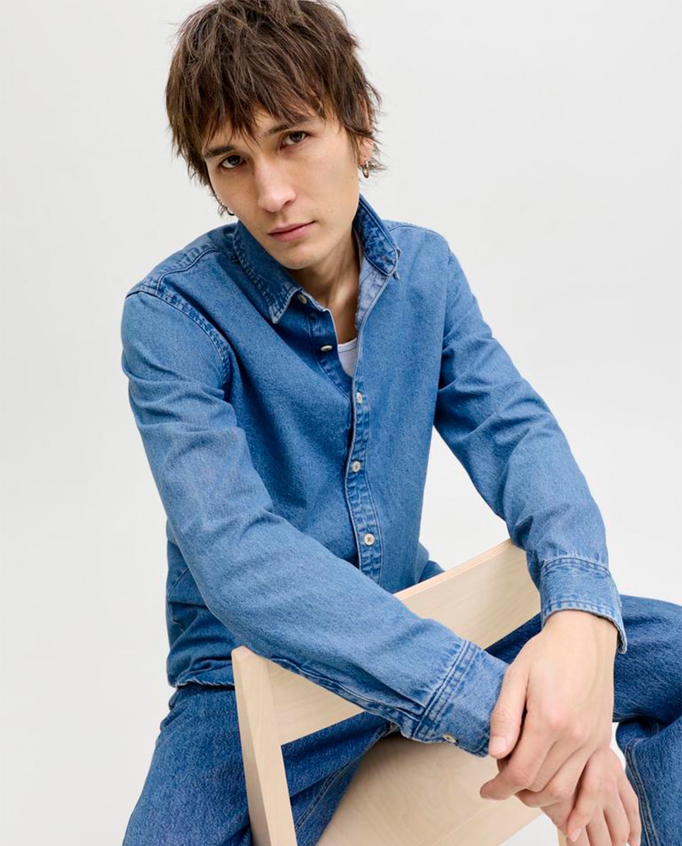 Camisa de Ganga Lisa Slim Fit Azul-3