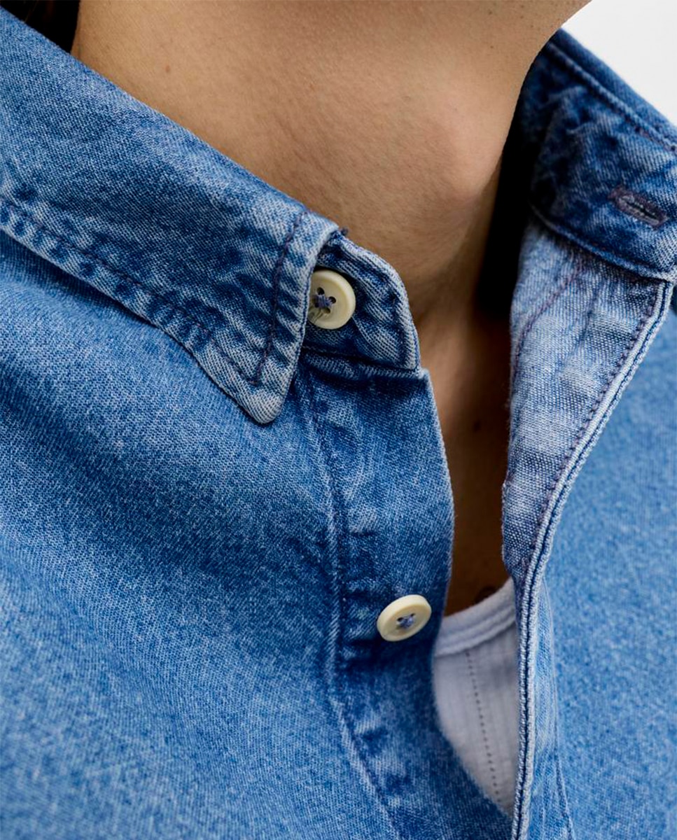 Camisa de Ganga Lisa Slim Fit Azul-4