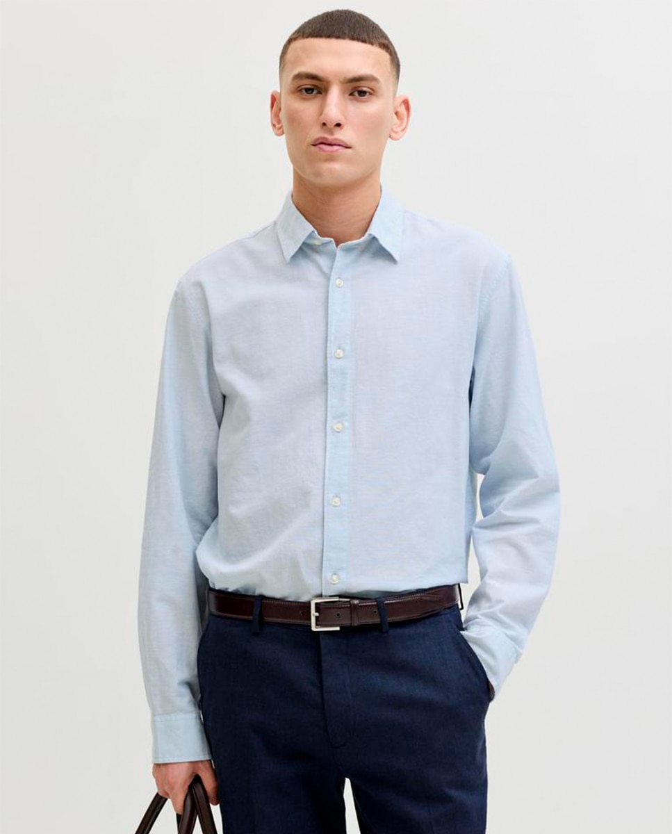 Camisa de Linho Lisa com Gola Clássica Azul-claro-1