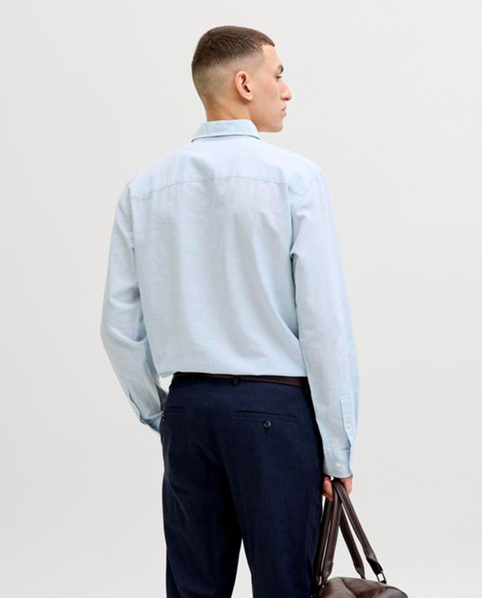 Camisa de Linho Lisa com Gola Clássica Azul-claro-2