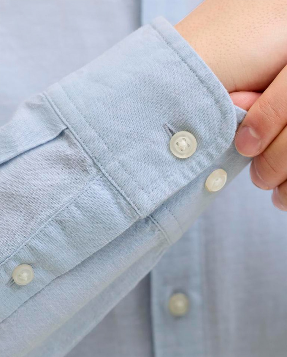 Camisa de Linho Lisa com Gola Clássica Azul-claro-3