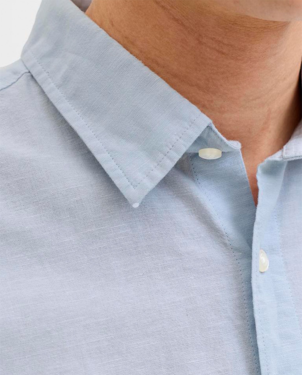 Camisa de Linho Lisa com Gola Clássica Azul-claro-4