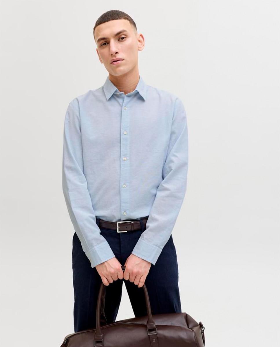 Camisa de Linho Lisa com Gola Clássica Azul-claro-5