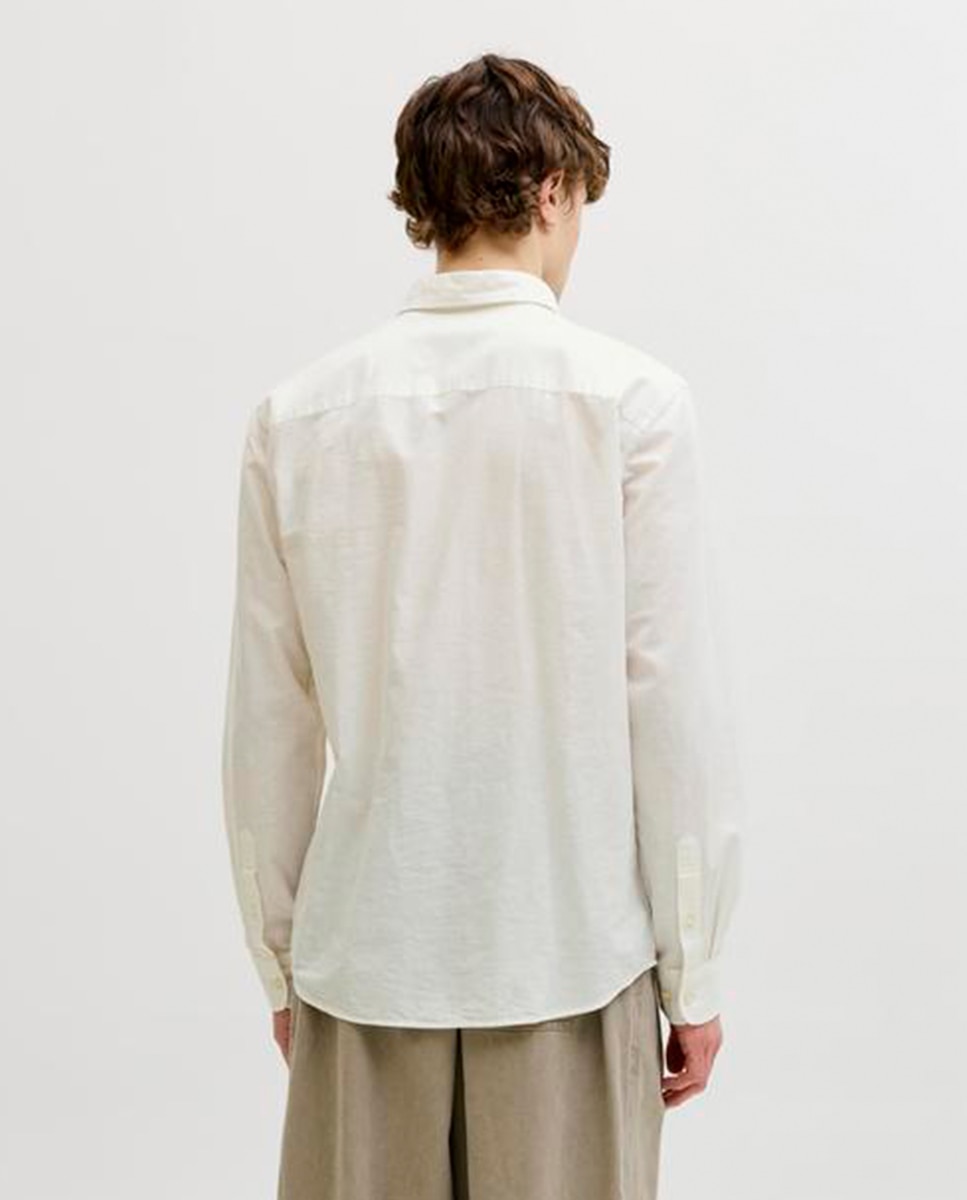 Camisa de Linho Lisa com Gola Clássica Branco-2