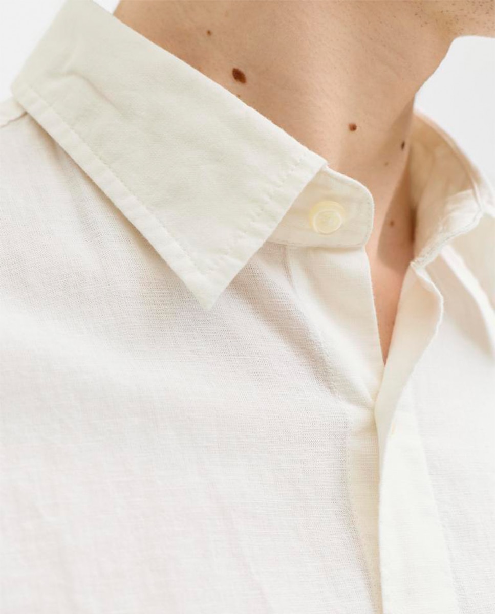 Camisa de Linho Lisa com Gola Clássica Branco-3
