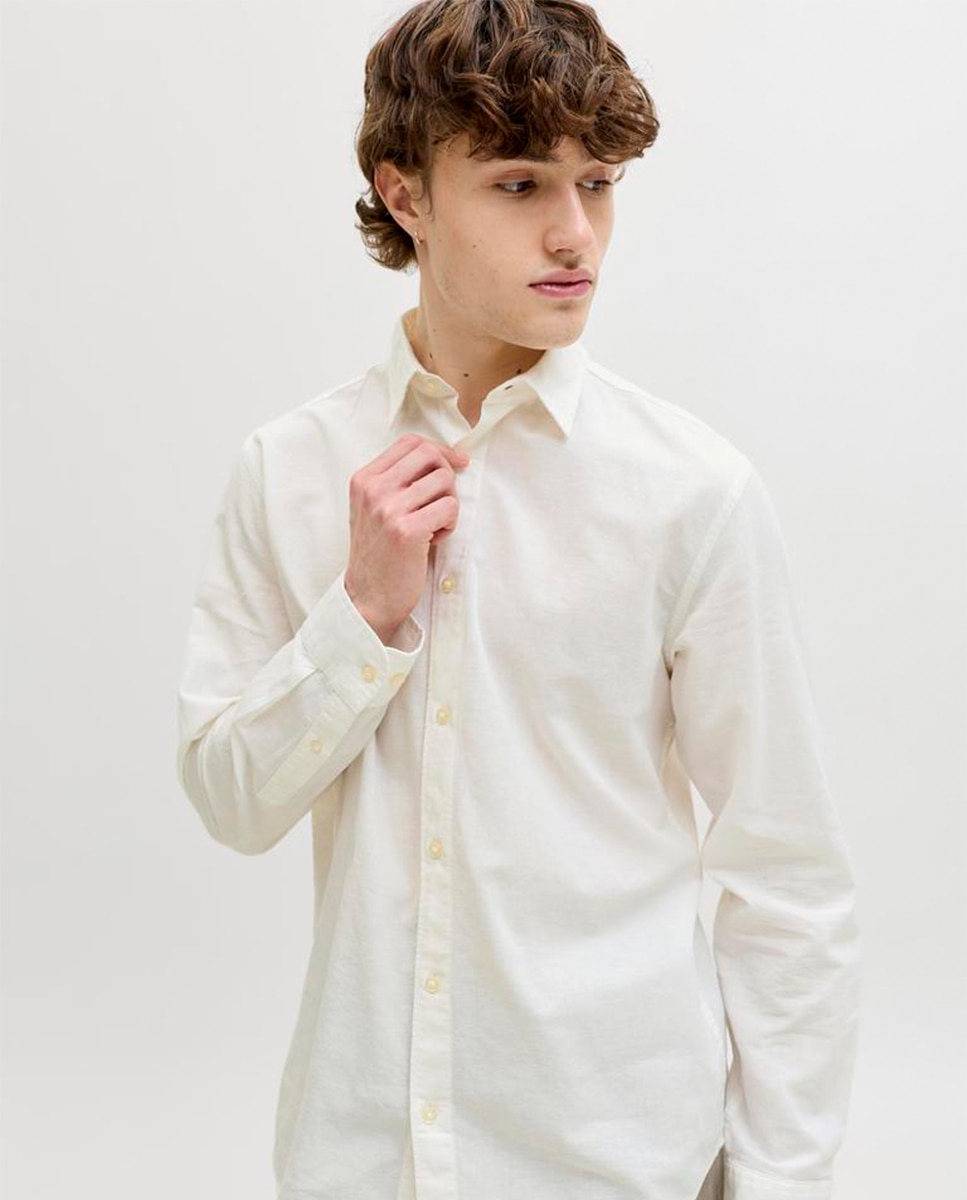 Camisa de Linho Lisa com Gola Clássica Branco-5