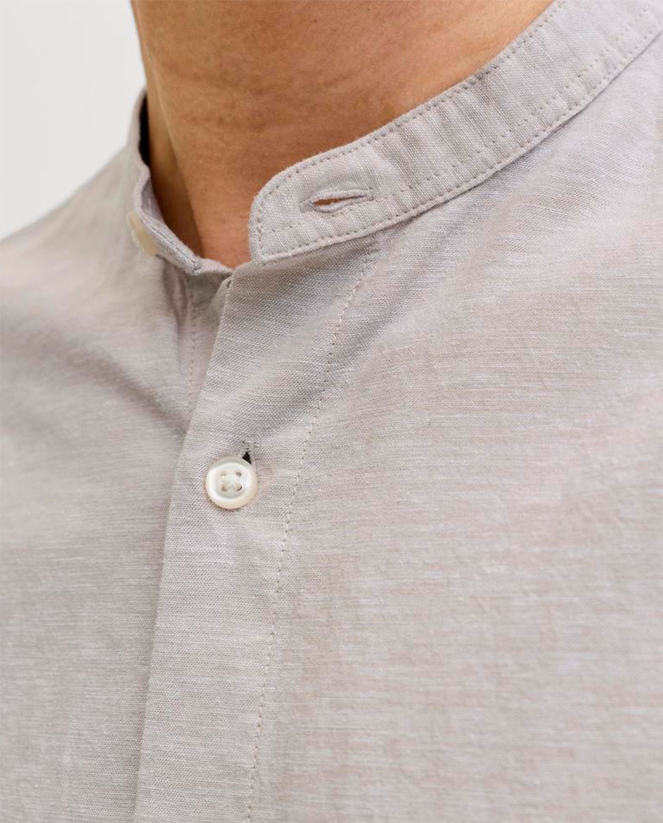 Camisa de Linho Lisa com Gola à Padre Bege-3
