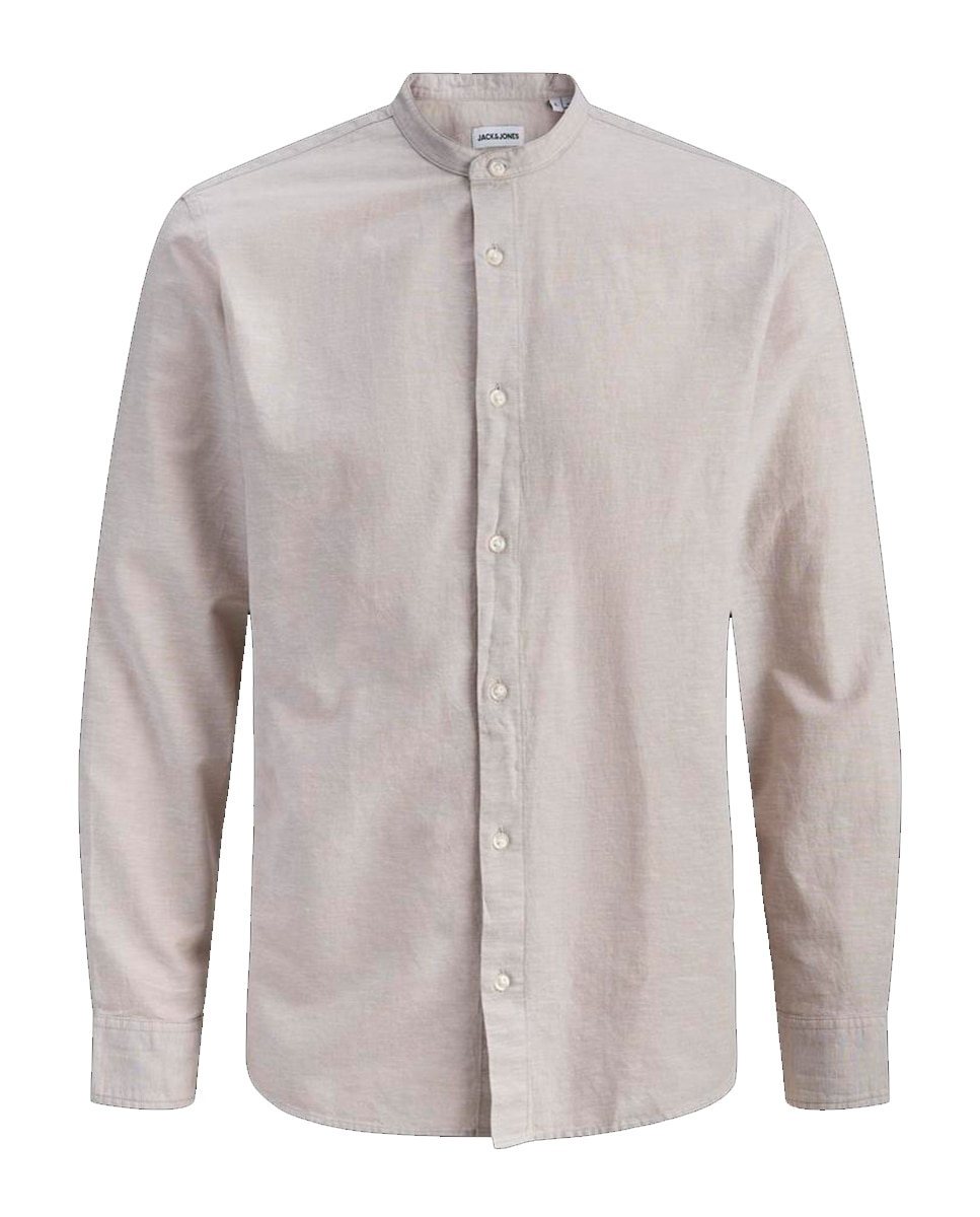 Camisa de Linho Lisa com Gola à Padre Bege-6