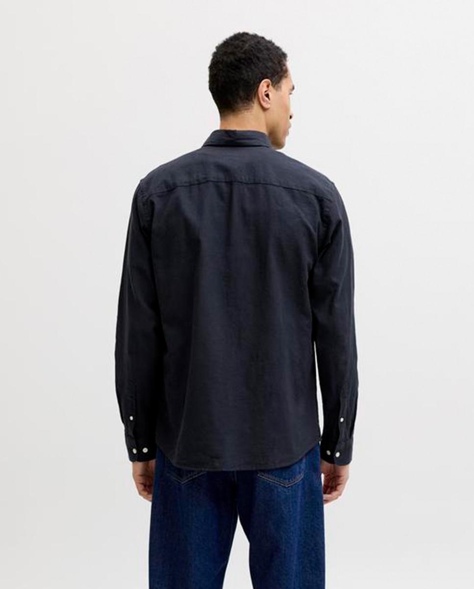 Camisa de Linho Lisa com Gola Clássica Azul-marinho-2