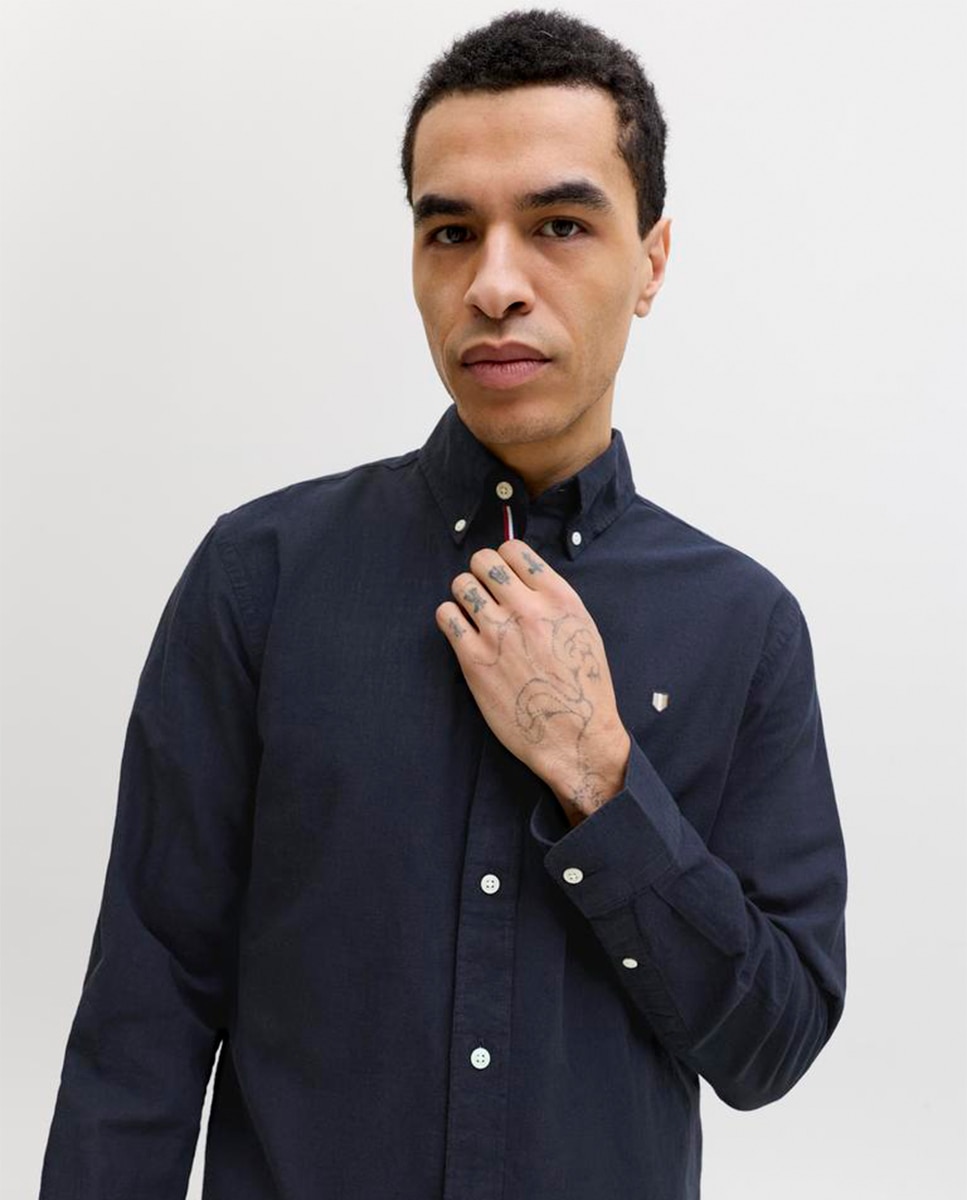 Camisa de Linho Lisa com Gola Clássica Azul-marinho-3