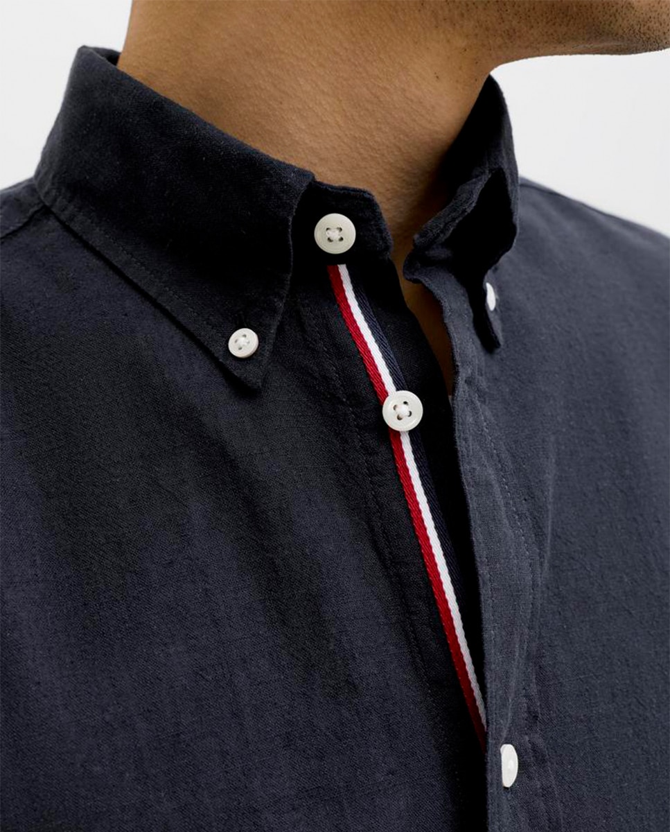 Camisa de Linho Lisa com Gola Clássica Azul-marinho-4